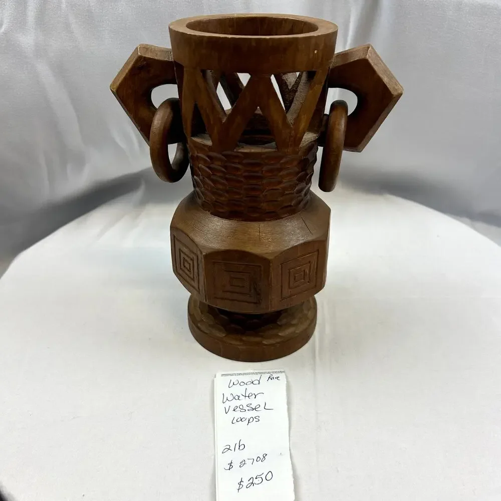 SKU2708 Rare Vintage Hand Carved Wood Water Urn Vase Handmade Loops Handle Art